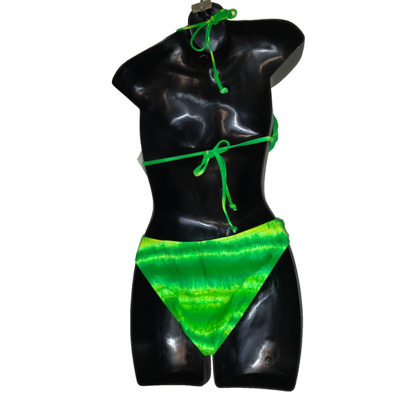 VTG Y2K No Boundaries String Bikini Womens Jrs M Neon Tie Dyed Green Yellow NWT - Picture 7 of 12